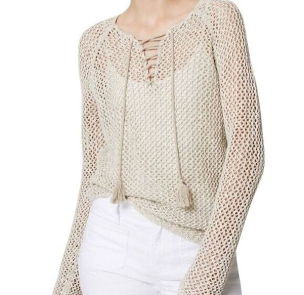 Loft Y2K Crochet GranolaGirl Earthy Lace Up Open Weave Top Tassles Women's Med